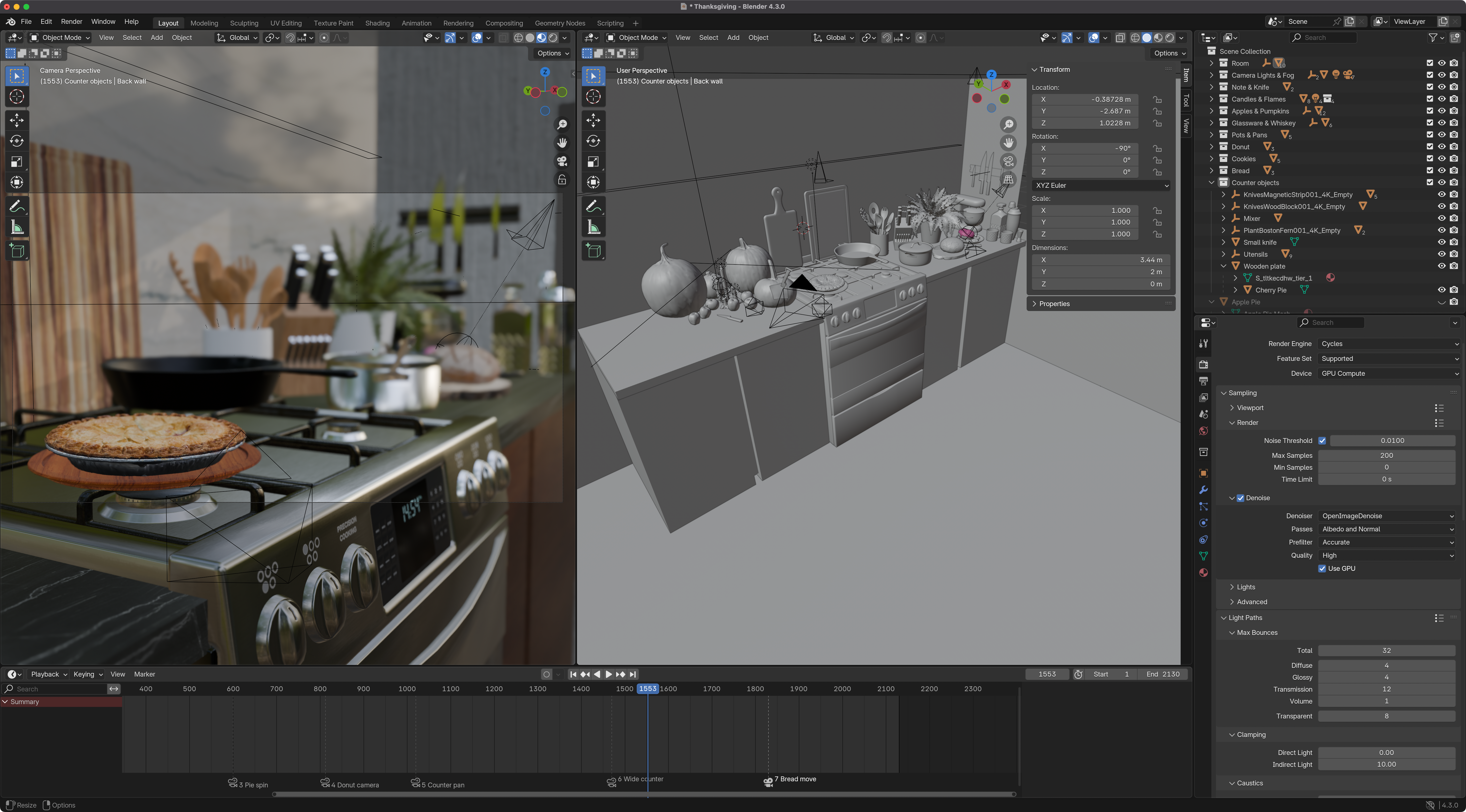 Screenshot of the Thanksgiving scene loaded in Blender with both material preview and solid viewport shading mode enabled. 